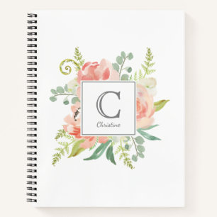 Carnet Pêche et crème Aquarelle Florale avec Monogramme