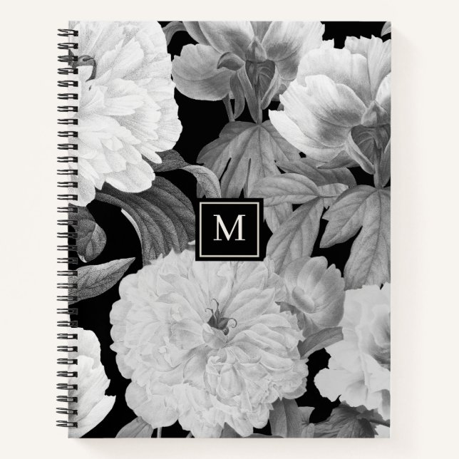 Carnet Peonies noires et blanches Aquarelle Monogramme fl (Devant)