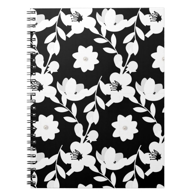 Carnet Perles en fleurs blanches sur le noir (Devant)