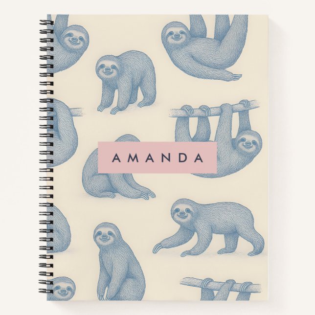 Carnet Personalized Charming Elegant Blue Sloth Pattern (Devant)