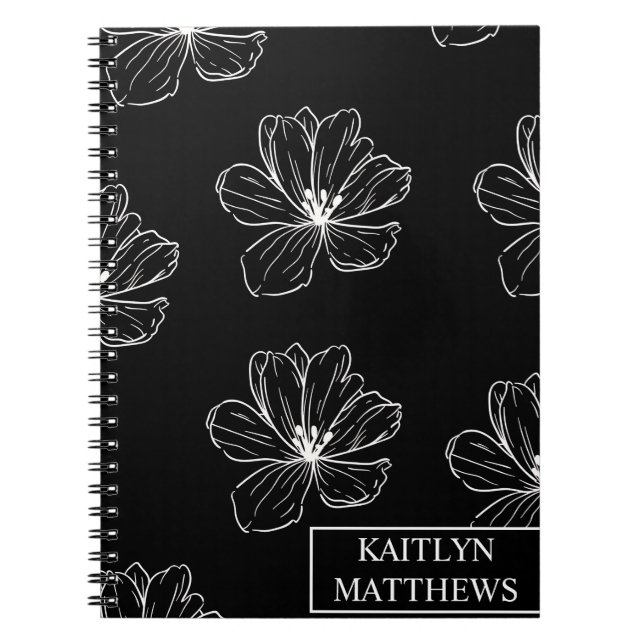Carnet Personalized Minimal Black Floral with Name (Devant)