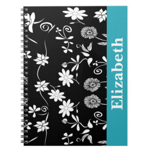 Carnet Personnalisé Chevron Floral Noir Blanc Monogramme
