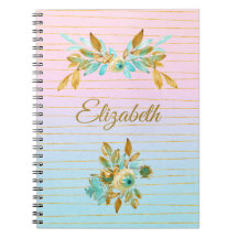Carnet personnalisé floral turquoise et or