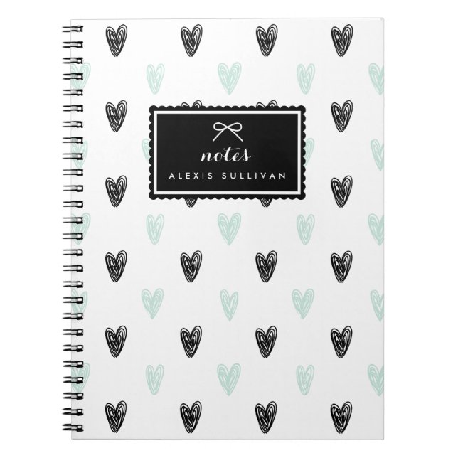 Carnet personnalisé Motif Mint & Black Hearts (Devant)