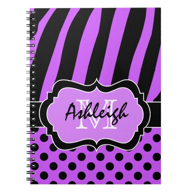 Carnet Personnalisé violet noir blanc Pois rayés (Devant)