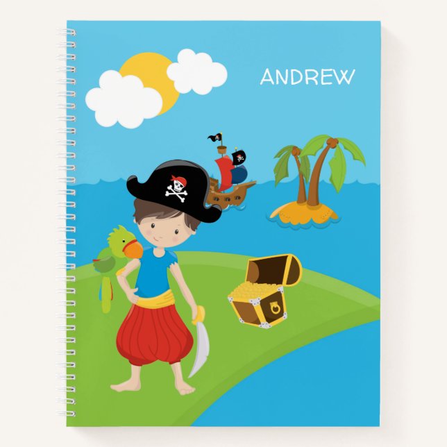 Carnet Petit garçon pirate avec trésor et perroquet (Devant)