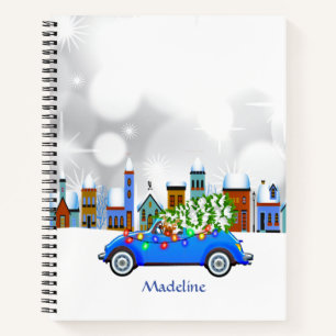Carnet Petite voiture bleue et arbre Noël personnalisé