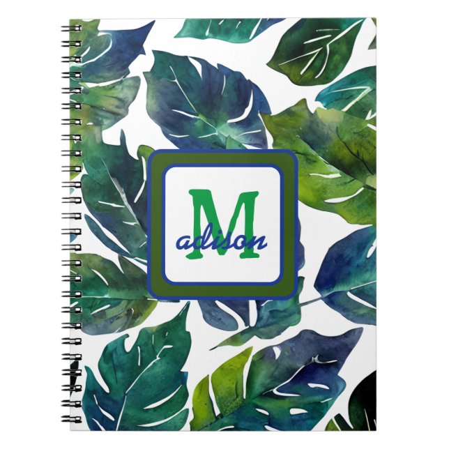 Carnet Philodendron vert et bleu du feuillage Monogramme (Devant)