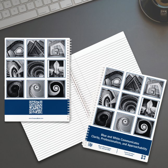 Carnet Photo Collage Bleu Blanc Petite entreprise (Photo Collage Blue White Small Business Planner Notebook with Tagline, Logo, QR code)