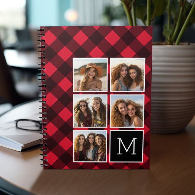 Carnet Photo Collage - Monogramme Rouge Buffle Noir Plaid (Personalized notebook - add photos and your name or other text)