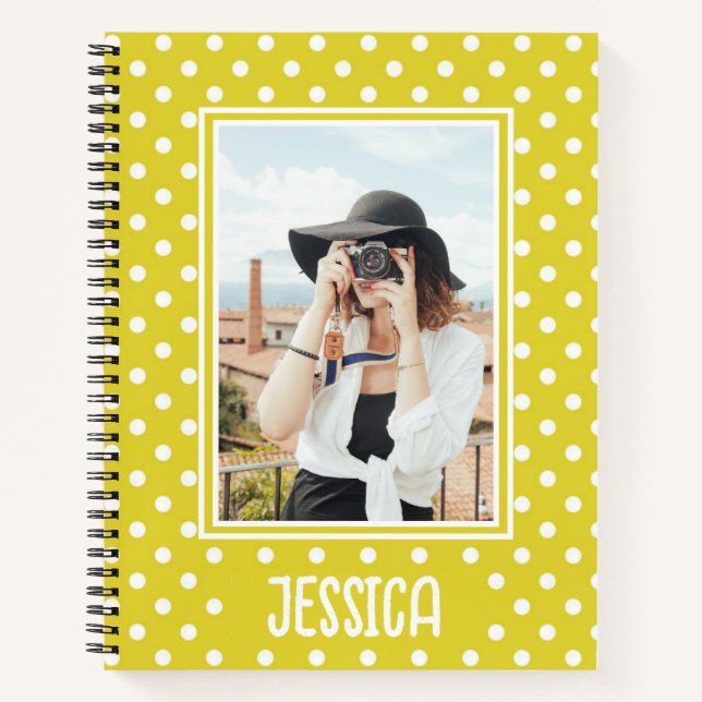 Carnet Photo personnalisée et nom de la Polka jaune vif (Devant)