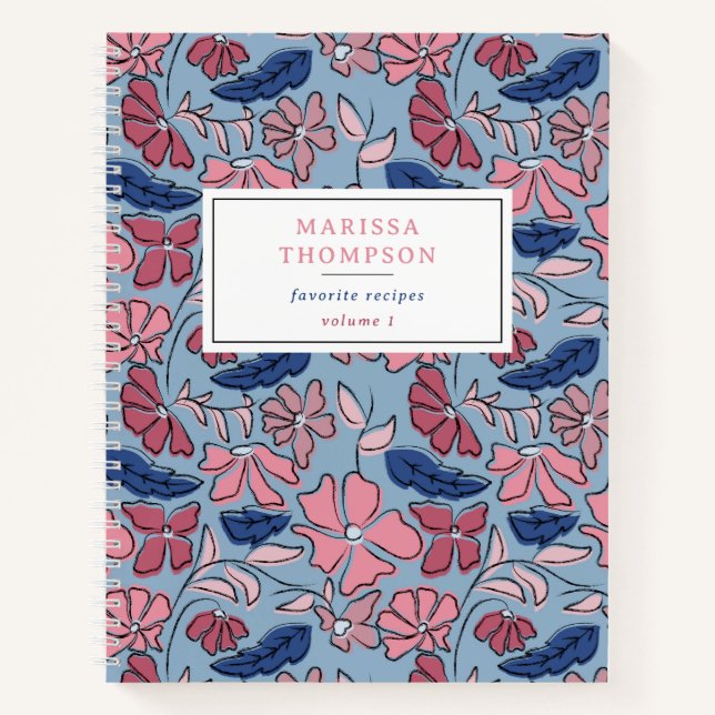 Carnet Pink & Blue Main Drawn Floral Block Print Recette (Devant)