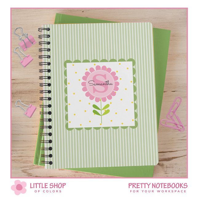 Carnet Pink Floral Stripes et Polka Dot Monogramme (Créateur téléchargé)