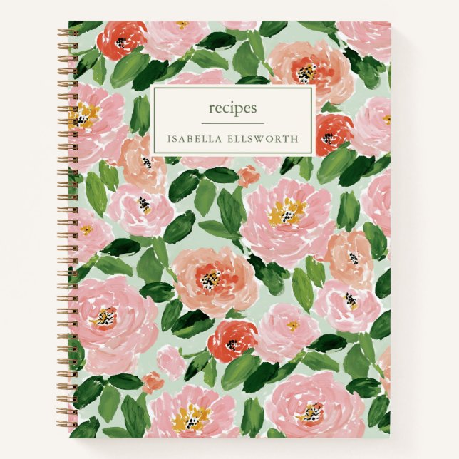 Carnet Pink Peony Greenery Personalized Name Recipe (Devant)