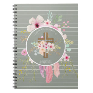 Carnet Pink Sage Floral Croix BAUTIZO Baptême Bautismo