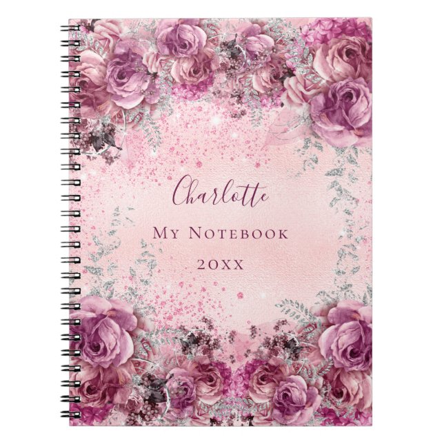 Carnet Pink violet floraux rose argent nom script (Devant)