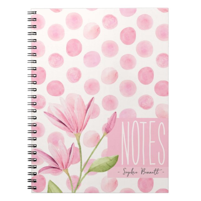 Carnet Pink Watercolor Polka Dots & Flowers (Devant)