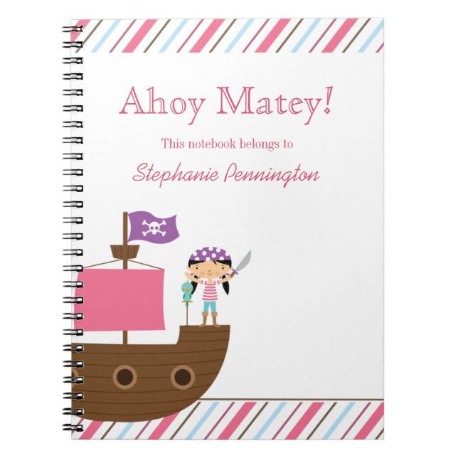 Carnet pirate personnalisé de fille rose mignonne (Devant)