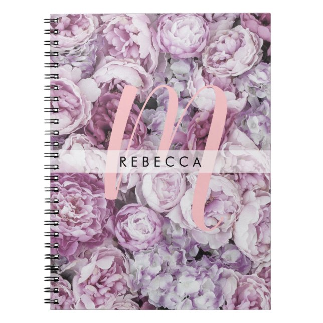 Carnet Pivoines Roses Floral Rose Script Monogramme (Devant)