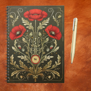 Carnet Pivoines Vintage Or Rouge Monogramme Art Nouveau