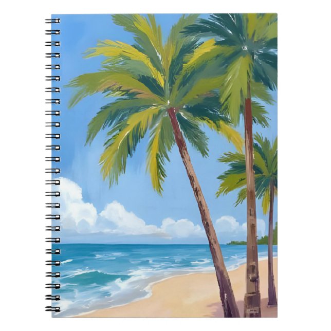 Carnet Plage aux palmiers | Peinture bleue aquarelle trop (Devant)