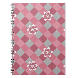 Carnet Plaid gris et rose avec fleurs camomilaires