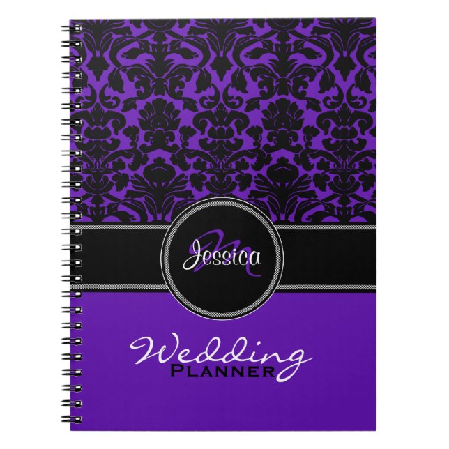 Carnet Planneur Mariage damassé blanc violet monogramme (Devant)