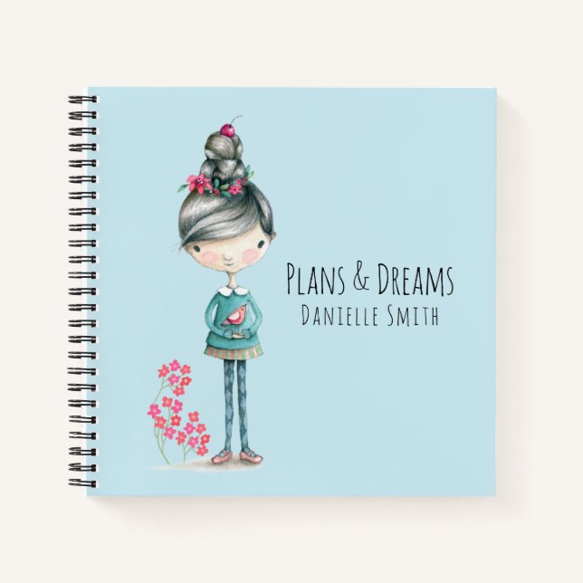 Carnet "Plans & Rêves" Jolie Fille Boho Avec Oiseau (Devant)