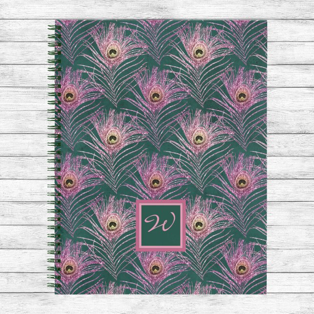 Carnet Plumes de paon rose et Monogramme sur Deep Green (Créateur téléchargé)