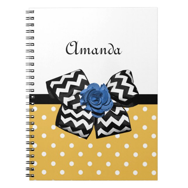 Carnet Points Jaunes Bleus Rose Chevron Bow avec nom (Devant)