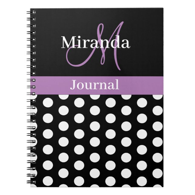 Carnet Pois de script de monogramme noir blanc violet (Devant)