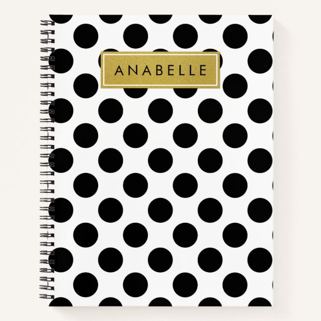 Carnet Pois noirs et blancs, pointillés, Votre nom (Devant)