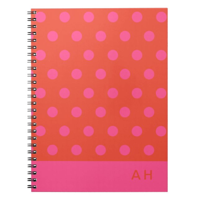 Carnet Pois rose et rouge orange monogrammé (Devant)
