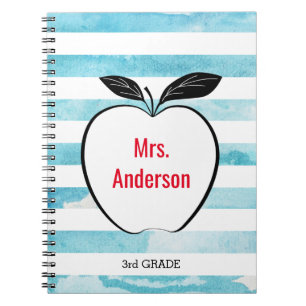 Carnet Pomme sur Bleu Watercolor Stripes pour enseignant