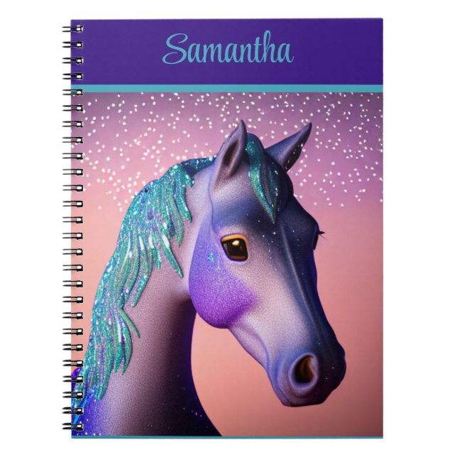 Carnet Pony magique en violet et Turquoise avec nom perso (Devant)