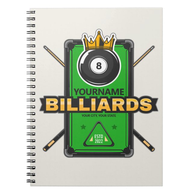 Carnet Pool Hall personnalisé NOM 8 Ball Crown Billiards (Devant)