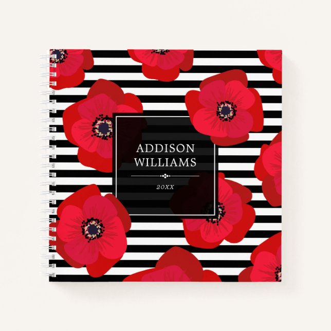 Carnet Poppies rouges et bandes noires - Nom (Devant)
