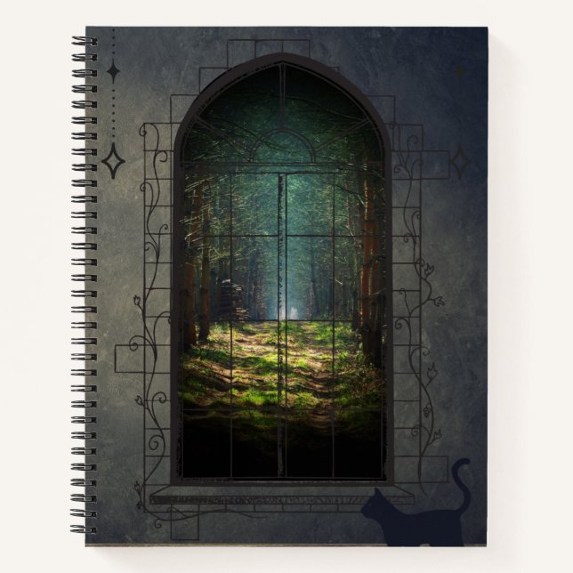 Carnet Portail Forêt Mystique avec Chat - Fenêtre Imagina (Devant)