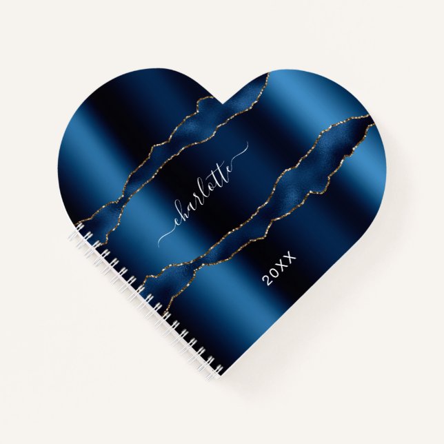 Carnet Porte en or bleu marbre nom script fille (Devant)