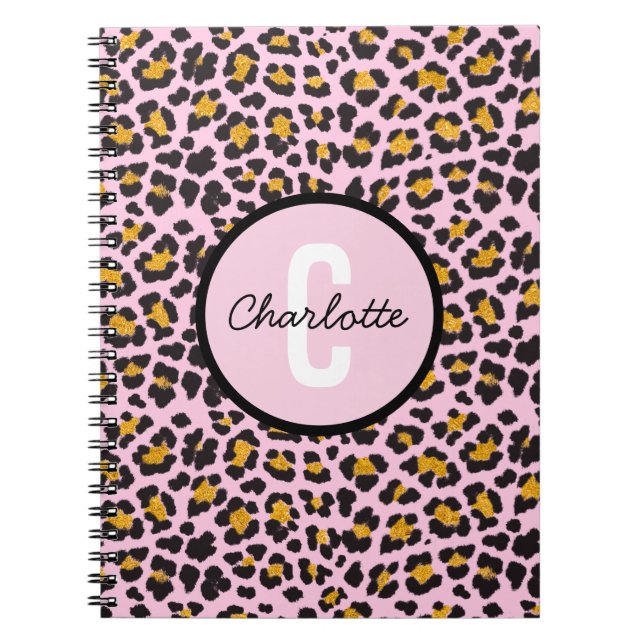 Carnet Poster de animal Léopard mignon Monogramme Or rose (Devant)