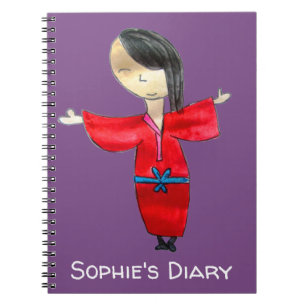 Carnet Poupée de dessin animé japonais en kimono rouge, a