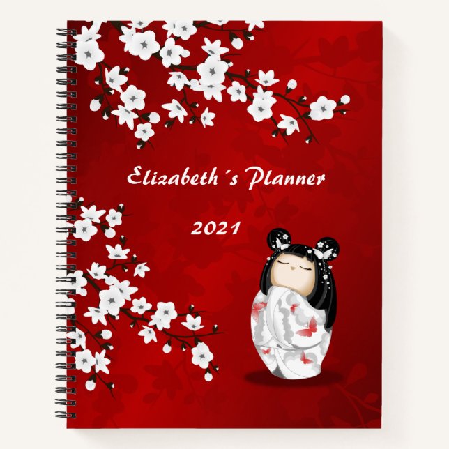 Carnet Poupée Kokeshi Rouge Blanc Cerisier Blossom Votre  (Devant)