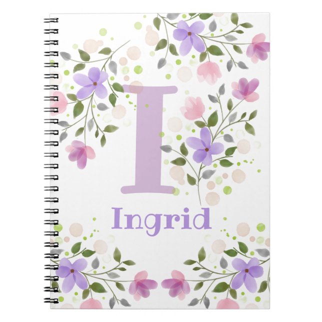 Carnet Premier nom initial plus Ingrid avec fleurs (Devant)