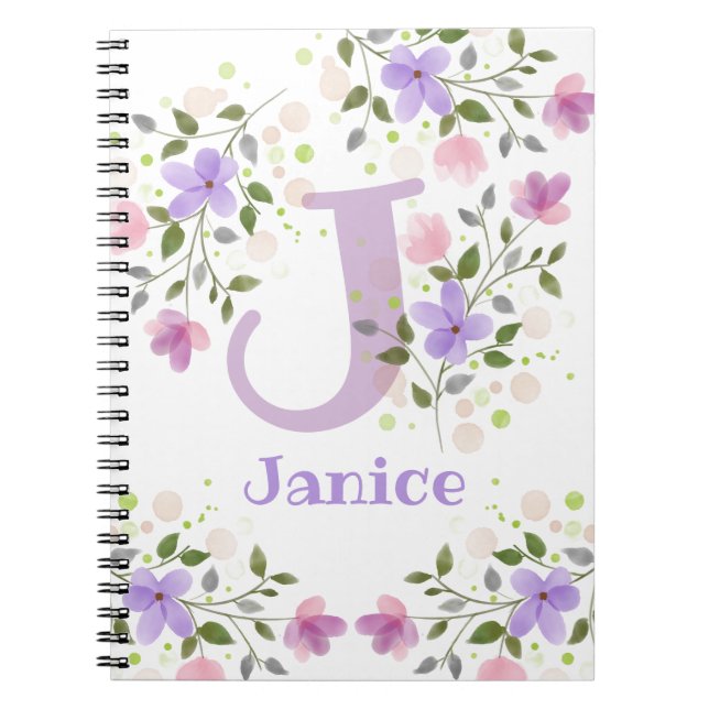 Carnet Premier nom initial plus Janice avec fleurs (Devant)