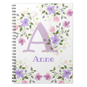 Carnet Première initiale plus le nom Anne avec des fleurs