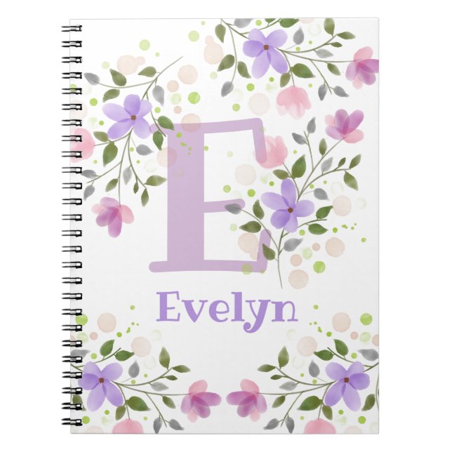 Carnet Première initiale plus le nom Evelyn avec des fleu (Devant)