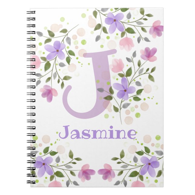 Carnet Première initiale plus nom Jasmine avec des fleurs (Devant)
