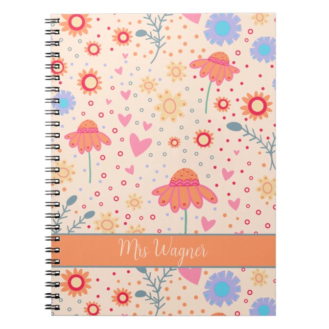 Carnet Professeur personnalisé de jolies coeurs floraux (Devant)
