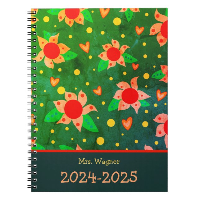 Carnet Professeur personnalisé Fun Retro Flowers Vert (Devant)