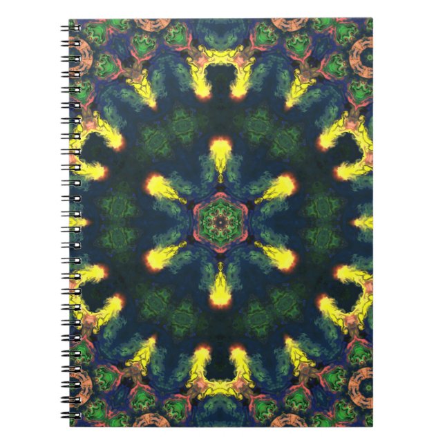 Carnet Psychédélique Mandala jaune bleu et vert (Devant)